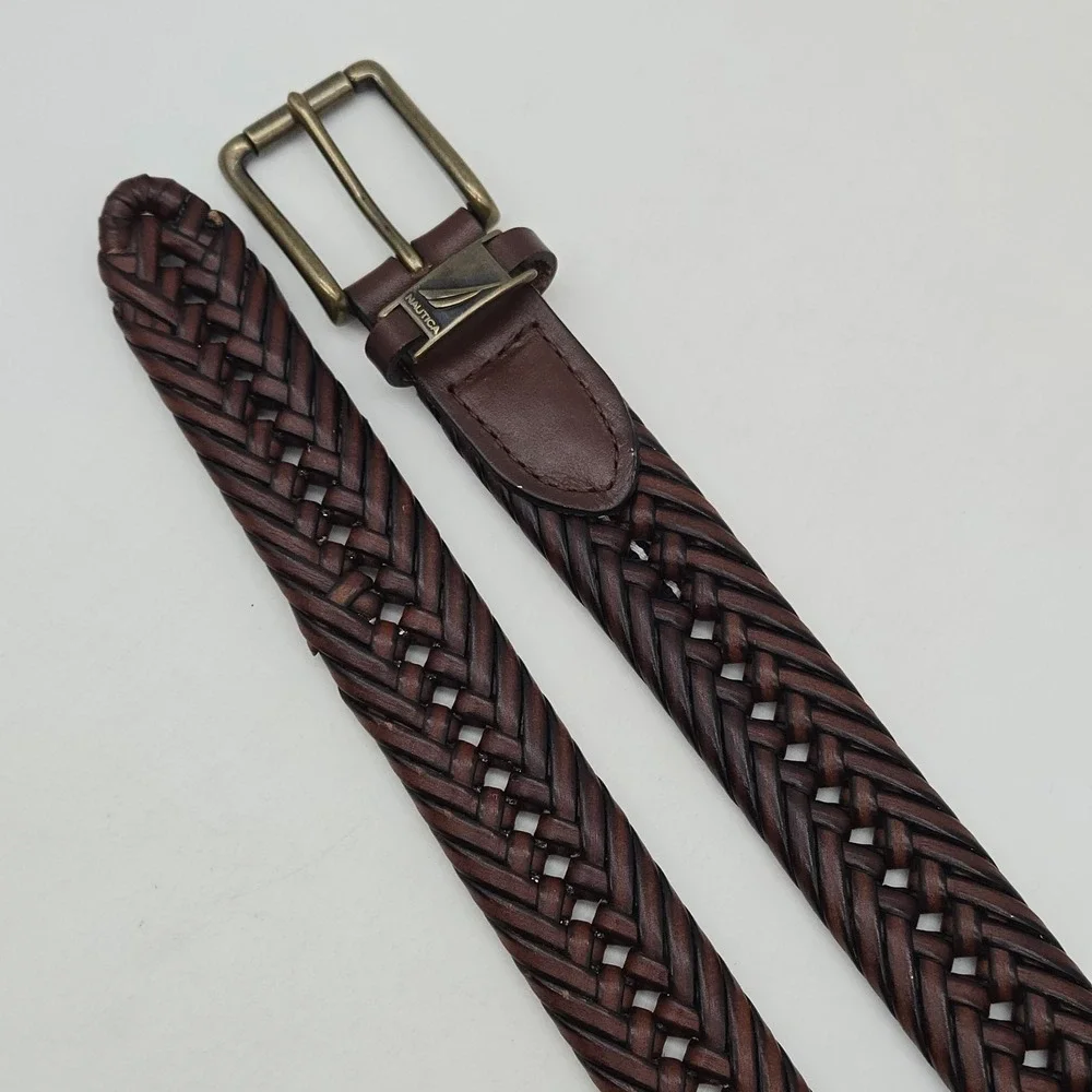 Nautica Braided Belt Brown Leather Mens 34 Bronze Buckle New